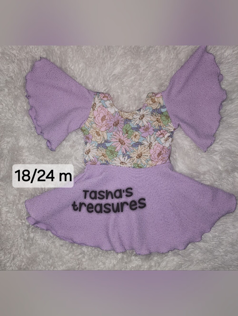 Lilac Floral Bodice Baby Peplum Handmade 18/24m Gold Flake Sparkle